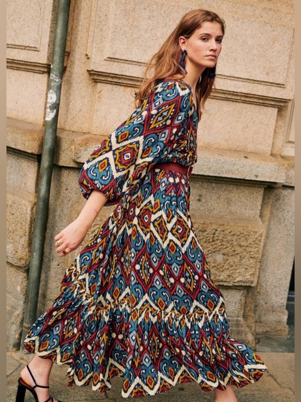 Sezane Evelyna Dress Maxi Peasant Long Sleeve Fall Boho Ikat Print Size FR 34 XS